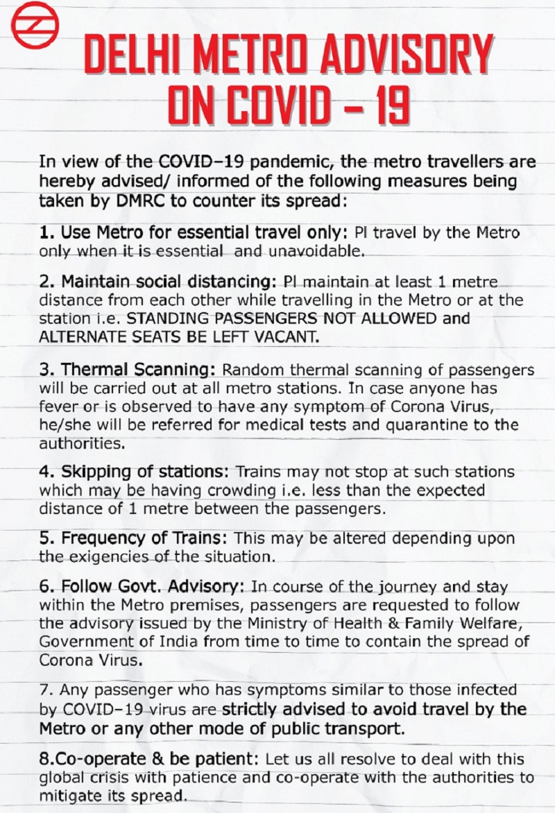 corona virus delhi metro advisory