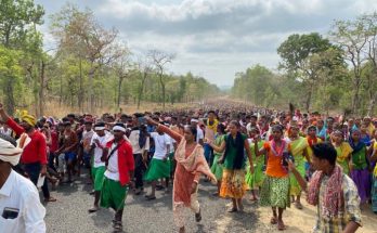 Thousands of adivasis protesting on the road